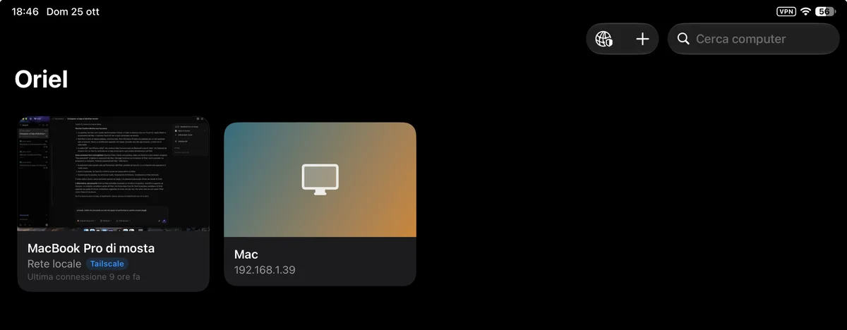 Oriel on iPad listing saved computers with live previews, reachable on the local network or through Tailscale
