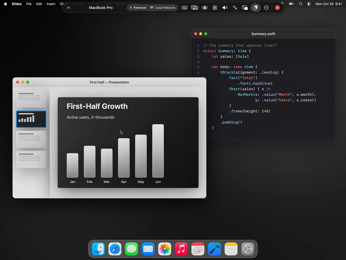 A MacBook Pro desktop streamed to iPad through Panevue, with the session toolbar showing the real-time connection over the local network